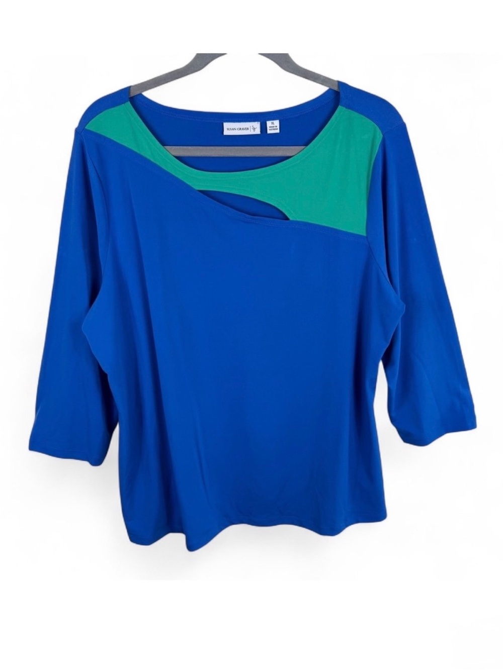 Susan Graver Royal Blue Green Colorblock Cutout Liquid Knit Top XL 3/4 Sleeve